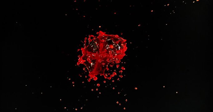 Ultra slow motion blood splash isolated on black background. Realistic liquid droplets ideal for VFX compositing, overlays, horror effects and cinematic action scenes.