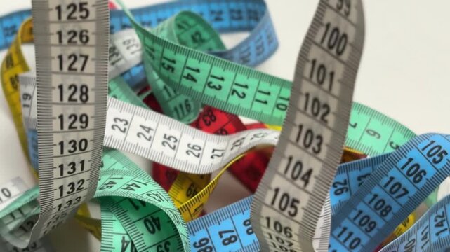 Dynamic background of multiple colorful measuring tapes falling and overlapping on a clean white surface