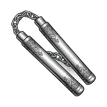 Engraved metal nunchaku weapon isolated on white background.