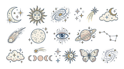 Mystical Celestial Elements: Moon, Sun, Stars, Galaxy, Eye, Planets, Clouds, Butterfly © Ulfi