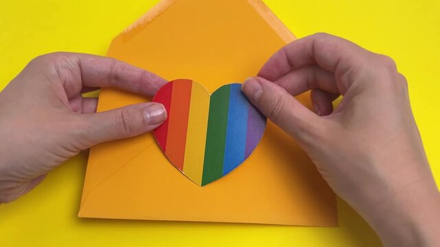 Hand taking a rainbow heart symbol out of a yellow envelope, pride and love concept