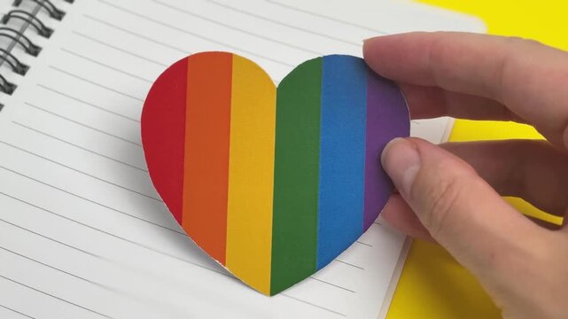 Hand placing a colorful rainbow heart sticker onto a lined page in a notebook. This clip symbolizes love, equality, inclusivity, and LGBTQ+ pride, perfect for social campaigns