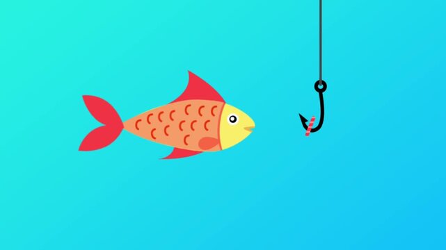 Animation orange fish swimming toward a fishing hook with bait and getting caught.
