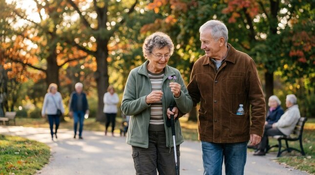 Elderly couple walking together in a park during autumn with a woman holding a flower