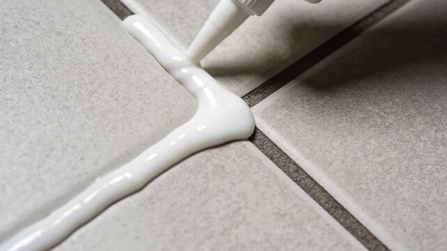 A close-up shot of a white sealant being applied into the grout lines between light grey floor tiles.