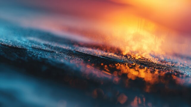 Abstract close-up of fiery glowing embers and shimmering ash particles at sunset