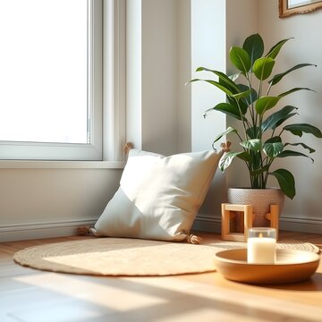 high quality, stock photo, morning meditation corner with cushion, candle, and plant in soft light, peaceful lifestyle eye-level shot perspective, fresh bright energizing light, with soft natural ligh