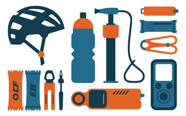 Naklejka premium Comprehensive bicycle maintenance and adventure gear collection with maintenance computer supplement nutrition