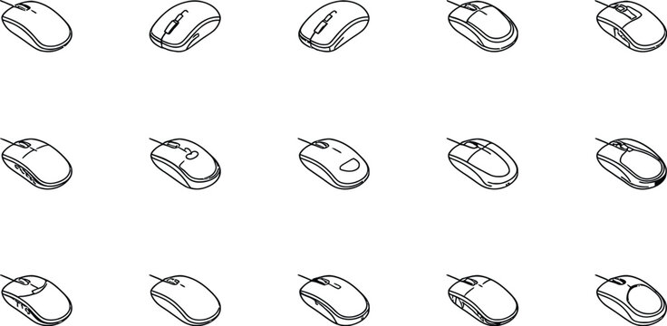 Computer mouse pattern icons set diagonal rows scroll wheel button cable design technology illustration concept