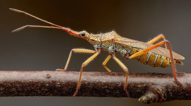 Detailed Macro Photograph of an Assassin Bug with Elongated Beak and Spiky Protrusions Resting on a Branch