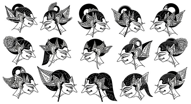 Traditional Indonesian Wayang Kulit Puppet Heads Collection.