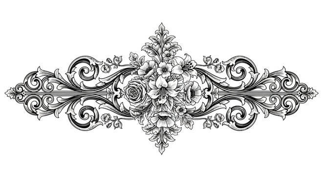 Intricate Baroque Floral Ornamentation Engraving Style.