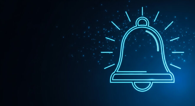 A glowing blue bell icon emitting light rays against a dark, starry backdrop, symbolizing alerts or notifications.