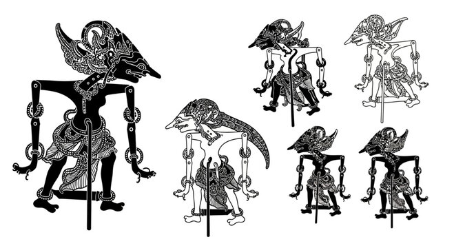 Traditional Indonesian Wayang Kulit shadow puppets in various poses.