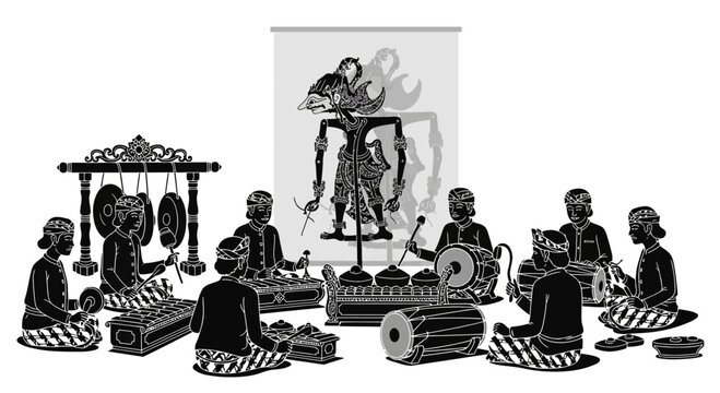 Traditional Indonesian Gamelan Orchestra with Wayang Kulit Puppets.