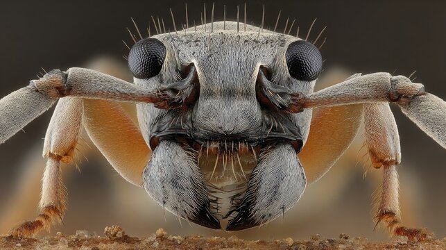 Extreme Macro View of an Ant's Armored Head with Detailed Exoskeleton and Compound Eyes