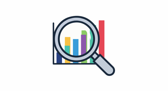 A magnifying glass hovers over a colorful bar chart, symbolizing data analysis and insights