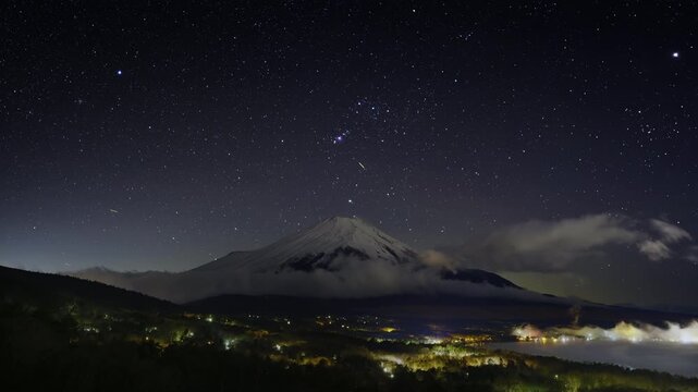 (HDR PQ)Time Lapse - Orion Setting Behind Snow-Capped Mount Fuji from Foggy Lake Yamanaka  Astrophotography Japan.  &ndash; Fixed Black Crush, Noise Reduced &ndash; 2/3 CloseUp -