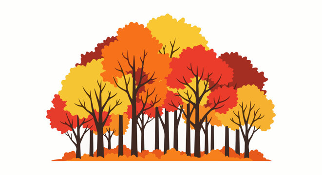 A cluster of bare trees with bright, stylized foliage in warm autumn colors