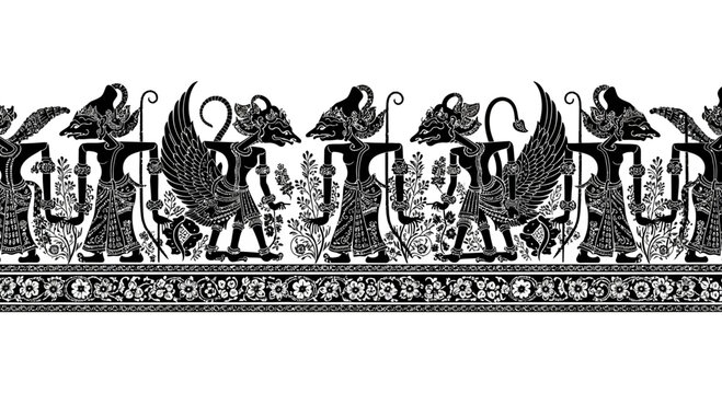 Ancient Egyptian gods and goddesses depicted in a seamless border design.