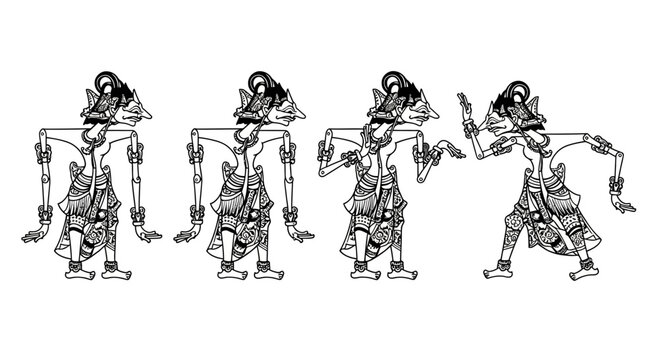 Traditional Indonesian Wayang Kulit Shadow Puppets in Black and White.