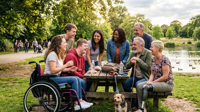 Diverse group of friends and family enjoying a sunny picnic by the lake with a dog and people with disabilities