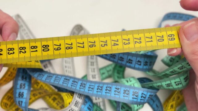 Hands sorting through a tangle of colorful sewing measuring tapes