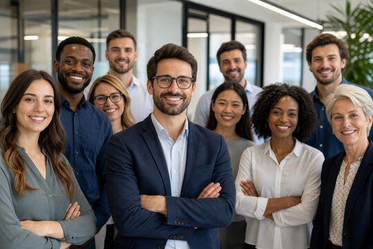 Diverse group of business professionals standing together in a modern office setting with smiles