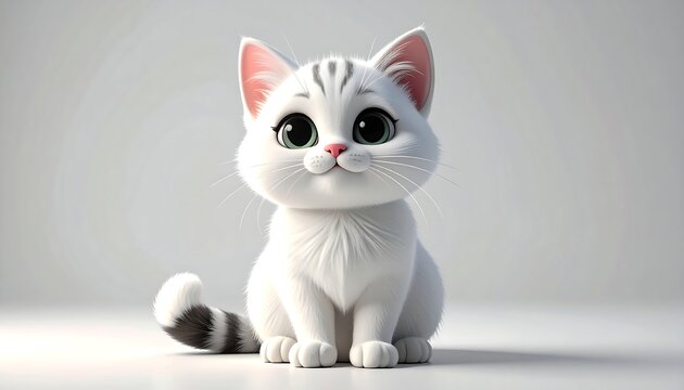 Cute animated kitten a white cat with stripes on head, big eyes, sitting, staring forward on plain white background