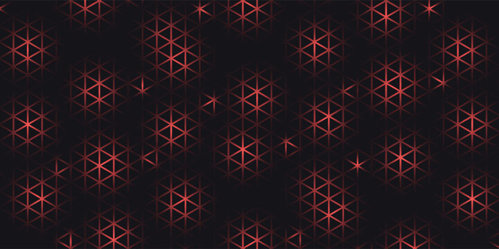 Hexagon game background with glowing red honeycomb grid on black surface. Abstract geometric pattern of connected cells for futuristic interface design. Digital technology bg with luminous edges.