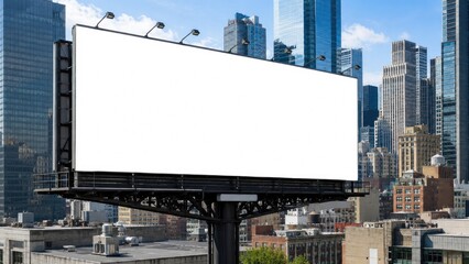 Obraz premium Large blank billboard mounted above rooftops with city skyline and skyscrapers under a blue daytime sky