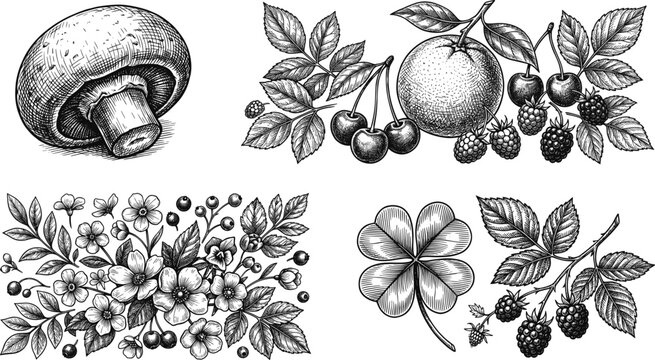 Hand drawn vector illustration collection of vintage botanical elements including mushroom orange cherries blackberries four leaf clover and blooming wildflowers isolated on white background
