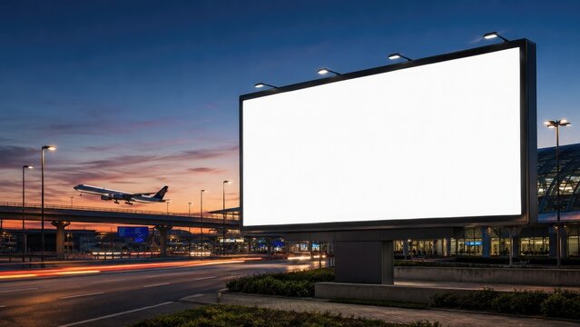 Large illuminated blank billboard at an airport roadside during sunset with an airplane in the background and light trails from passing traffic