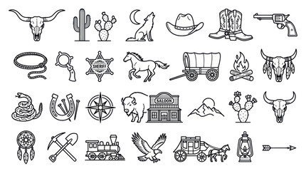 Wild West Vector Icons Set: Cowboy, Horse, Buffalo, Sheriff, Wagon, Cactus © Ulfi