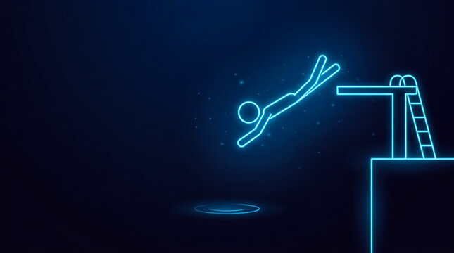 Neon-style illustration of a diver leaping off a high platform into a pool under starry night sky.