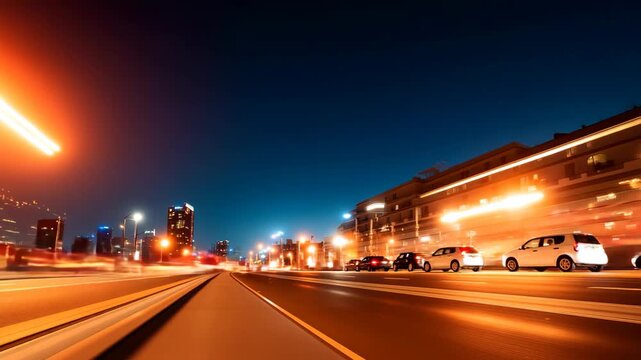 Cinematic night city background glowing light trails speeding into dark distance, atmospheric visual for late night urban storytelling.
