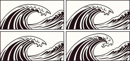 Fototapeta premium A repeating pattern composed of stylized ocean waves, arranged in a grid of four rows and three columns, fills the frame. Each wave is depicted in a bold, graphic style, with smooth, flowing lines cre
