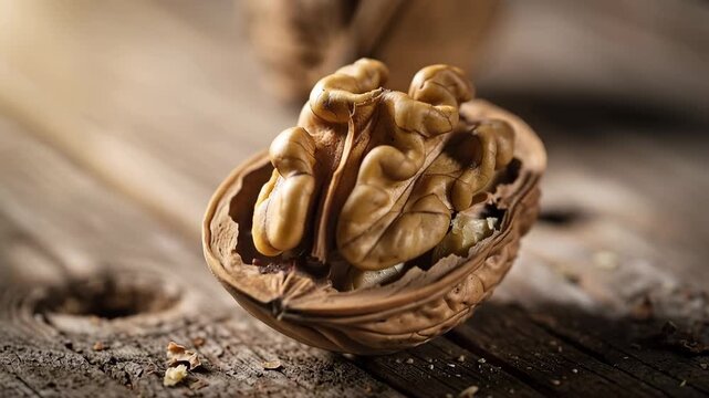 Serene close up video of a walnut split open showing detailed textured interior in natural light