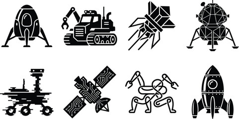 Space exploration vector icons set featuring mars rover rocket spaceship satellite and lunar lander silhouettes for sci fi branding © MstMinara