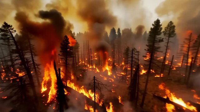 Drone aerial footage of forest wildfire with spreading flames and thick smoke under dark sky