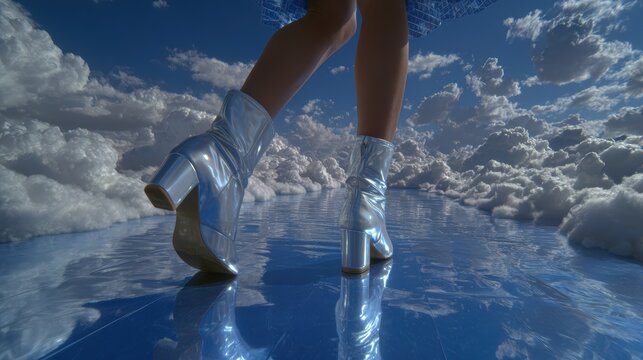 Person Wearing Silver Boots Walking on Reflective Blue Surface Surrounded by Clouds