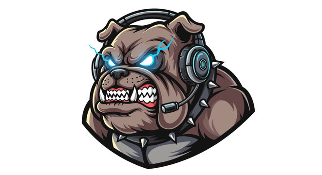 Fierce bulldog mascot with glowing blue eyes and gaming headset