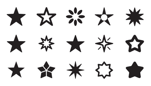 Set of black stars isolated on transparent background in different shapes.