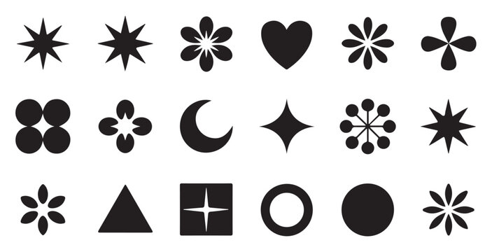 Collection of miscellaneous abstract icons and shapes on a grey grid background surface.
