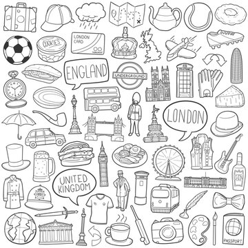 Hand drawn vector doodle collection of famous London icons.