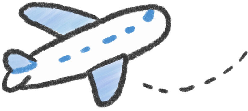 Cute airplane flying in the sky with dotted flight path, hand drawn crayon style illustration