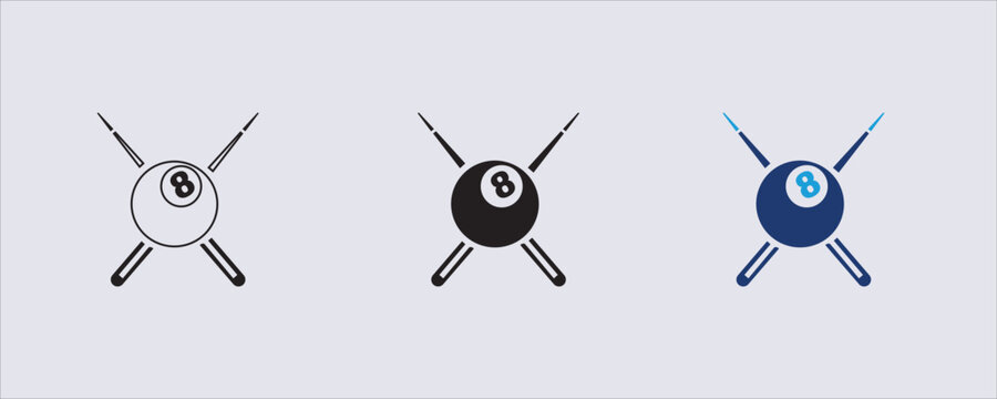 A black 8-ball centered behind two crossed cue sticks, commonly used as a logo for billiards clubs or pool tournaments. use in graphic design, cutting machines, or merchandise.