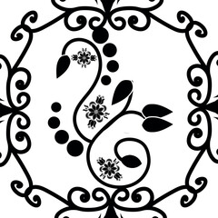 Decorative black and white vintage floral vector ornament with elegant swirl patterns and leaf motifs © MochamadGandi