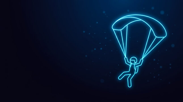 Illustrative digital art of a stick-figure skydiver descending with a glowing parachute in a cosmic, starry backdrop.