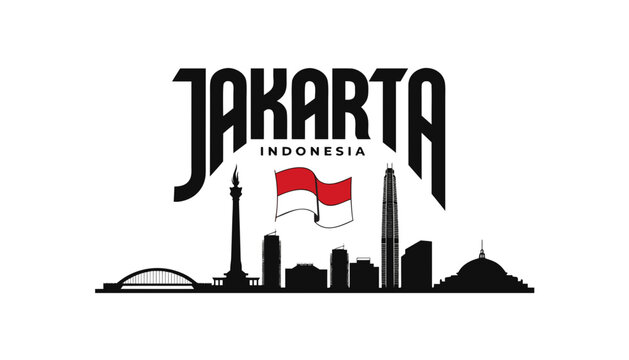 Vector illustration of Jakarta skyline in black silhouette, with &ldquo;JAKARTA&rdquo; text, on white background, modern city identity and tourism design